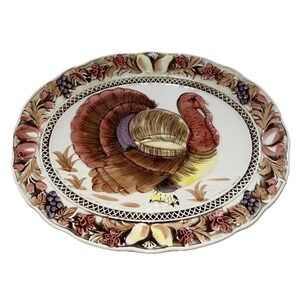 Vintage Large Raised Ceramic‎ Colorful Turkey  Platter JAPAN 19x 14.5 Rare